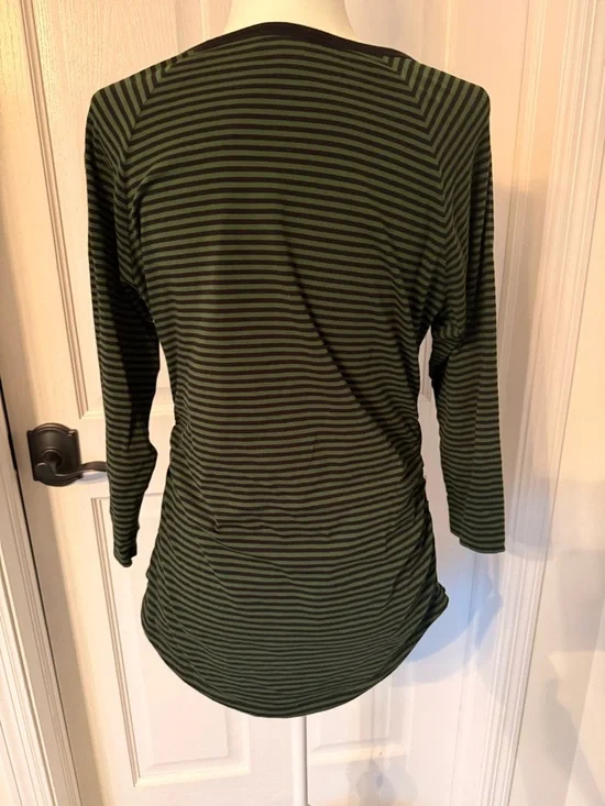 Michael Kors Navy and Green Striped Long-Sleeve Top with Gold Zippers-Size Large - Picture 4 of 9